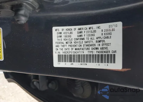 2013 Honda Accord Sport z USA, uszkodzony, nr VIN 1HGCR2F51DA247174